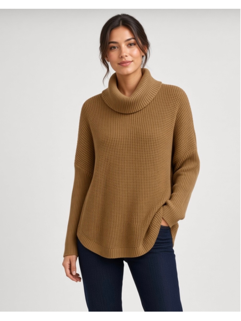 Michael Kors Camel Brown Waffle Knit Cowl Neck Sweater Oversized Pullover M